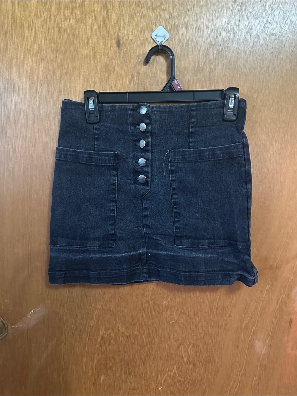 miami Black Button-Front Denim Mini Skirt with Patch Pockets